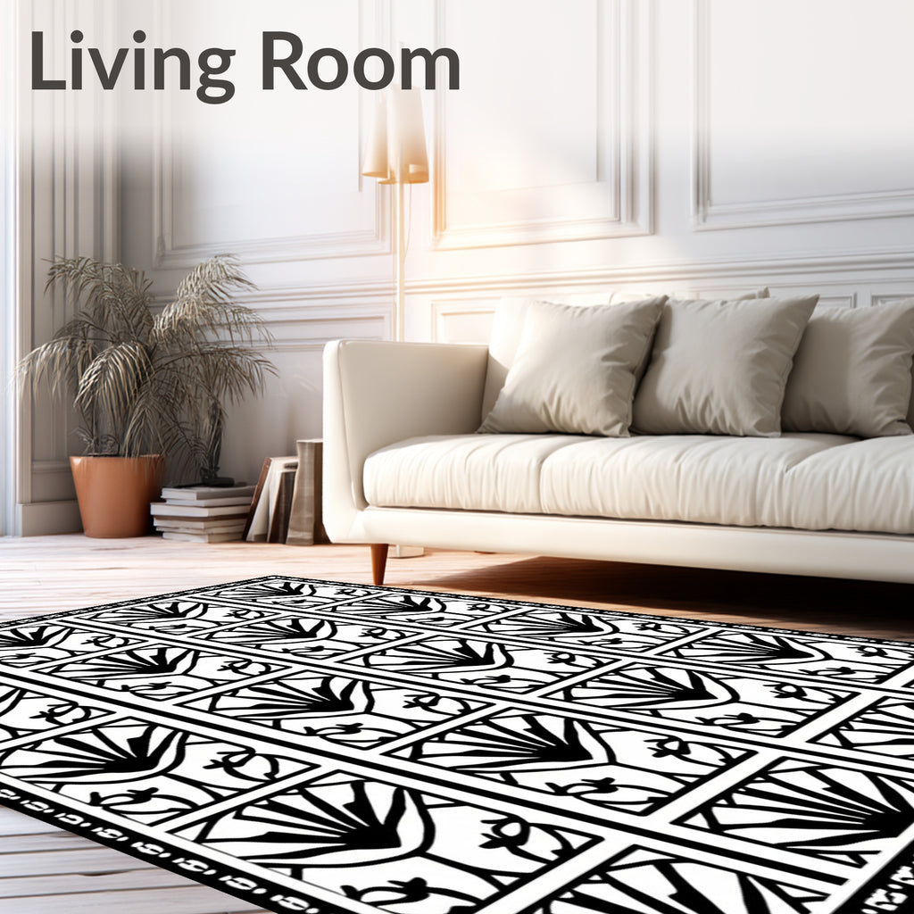 Black White Fan Geometric Border Rug