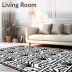 Black White Fan Geometric Border Rug