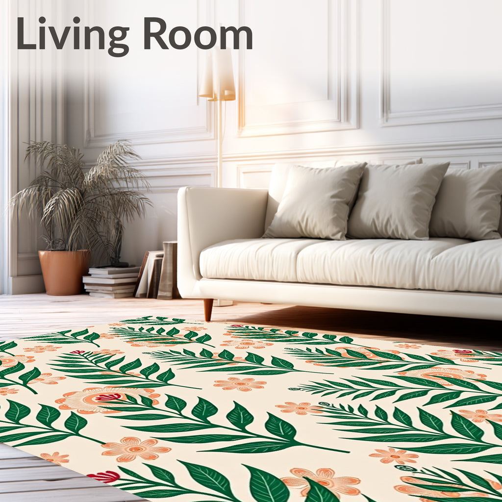 Cream Coral Green Fern Blossom Flourish Rug