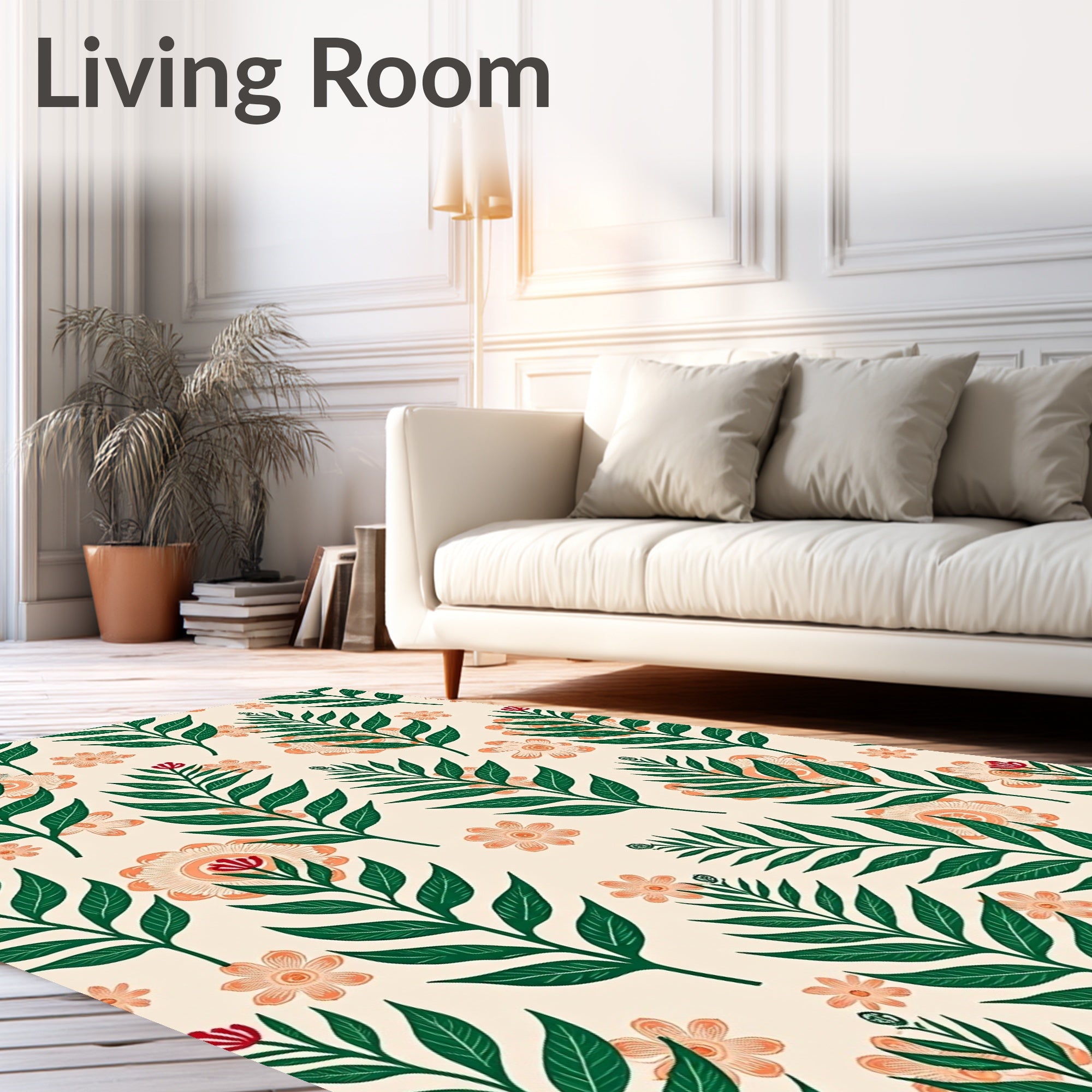 Cream Coral Green Fern Blossom Flourish Rug