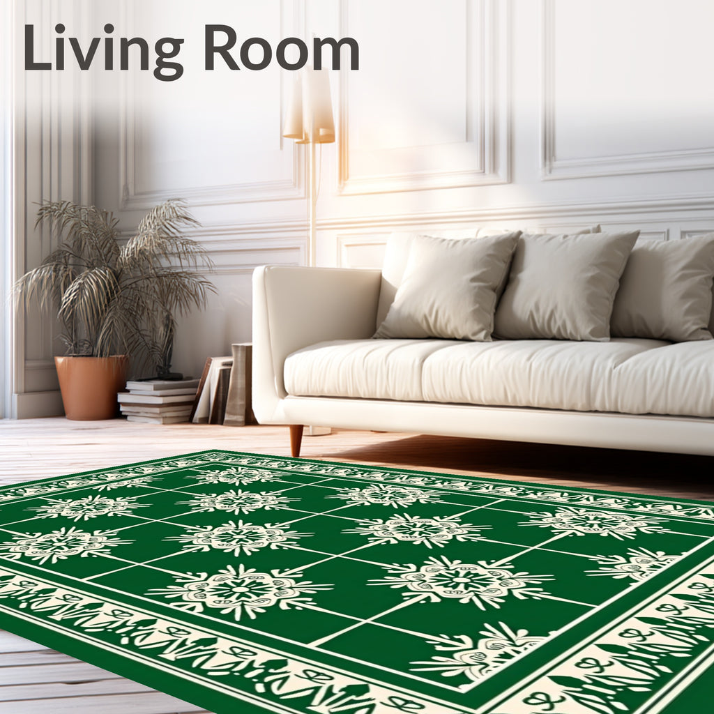 Enchanting Emerald Snowflakes Border Rug