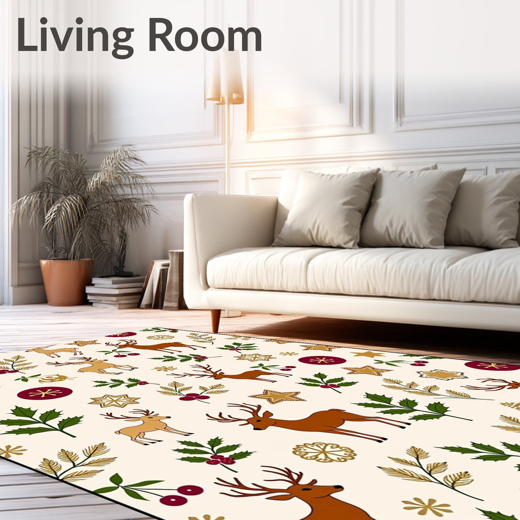 Golden Deer Festive Holly Berry Woodland Rug