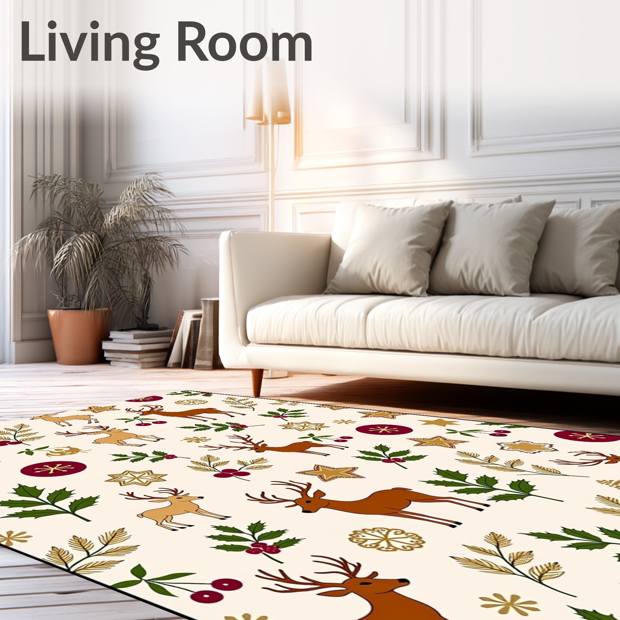 Golden Deer Festive Holly Berry Woodland Rug