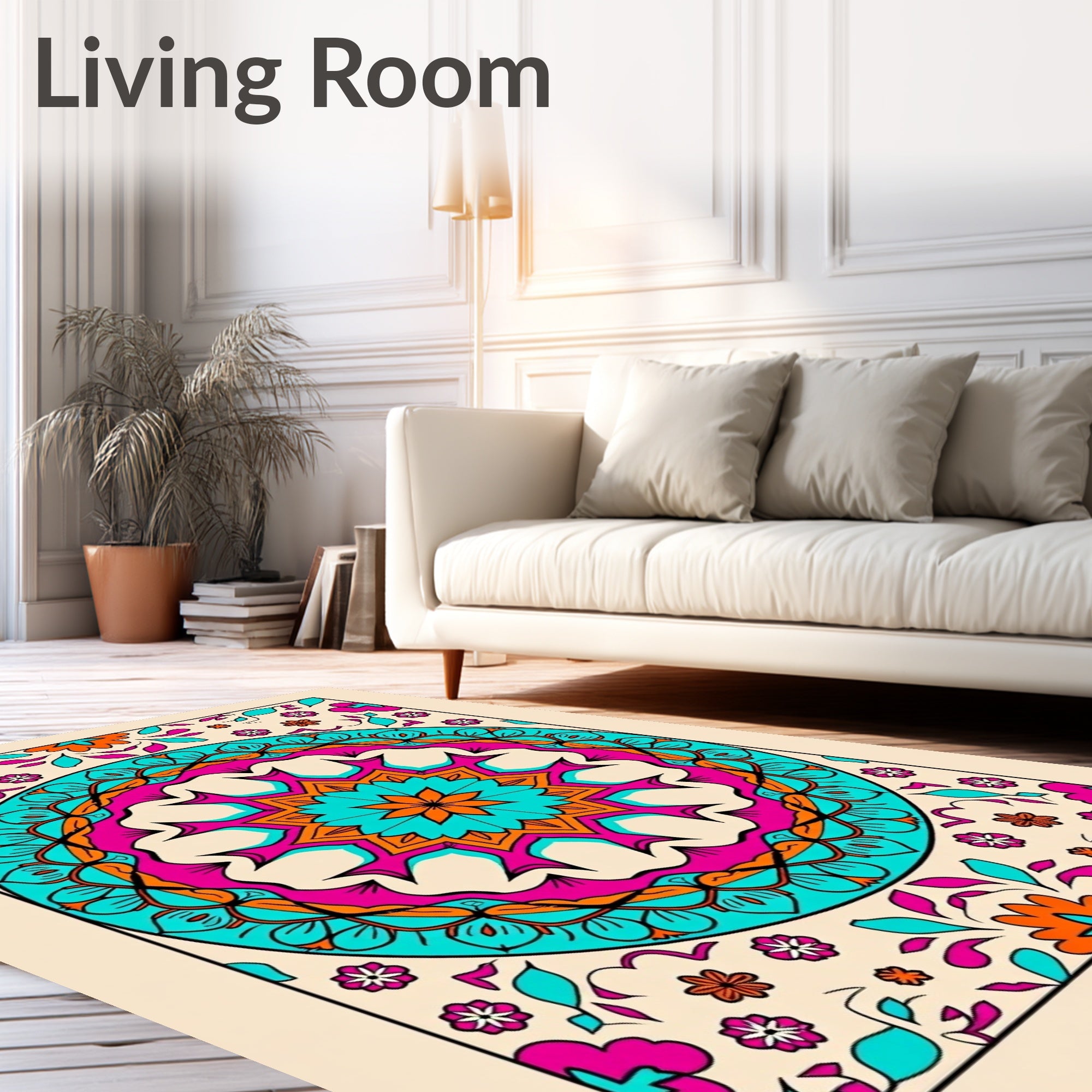 Bright Teal Pink Mandala Floral Accents Rug
