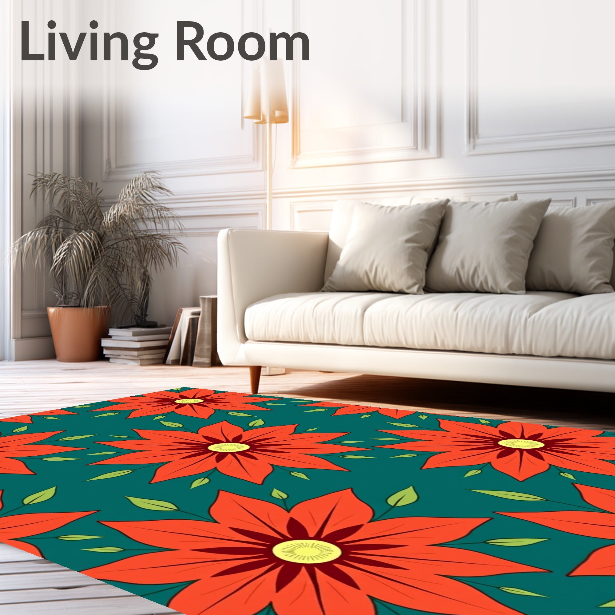 Vivid Orange Floral Garden Teal Rug
