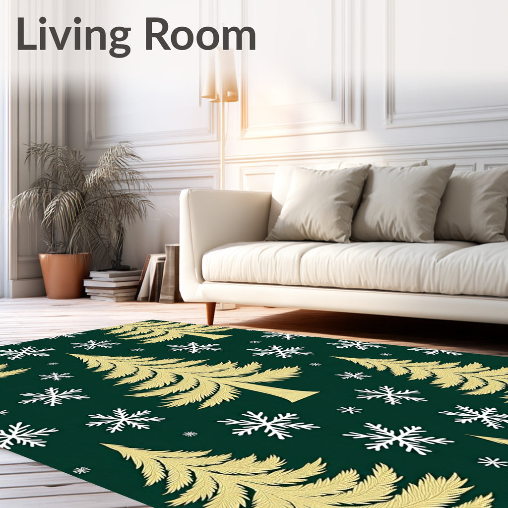 Golden Evergreen Snowflakes Festive Rug