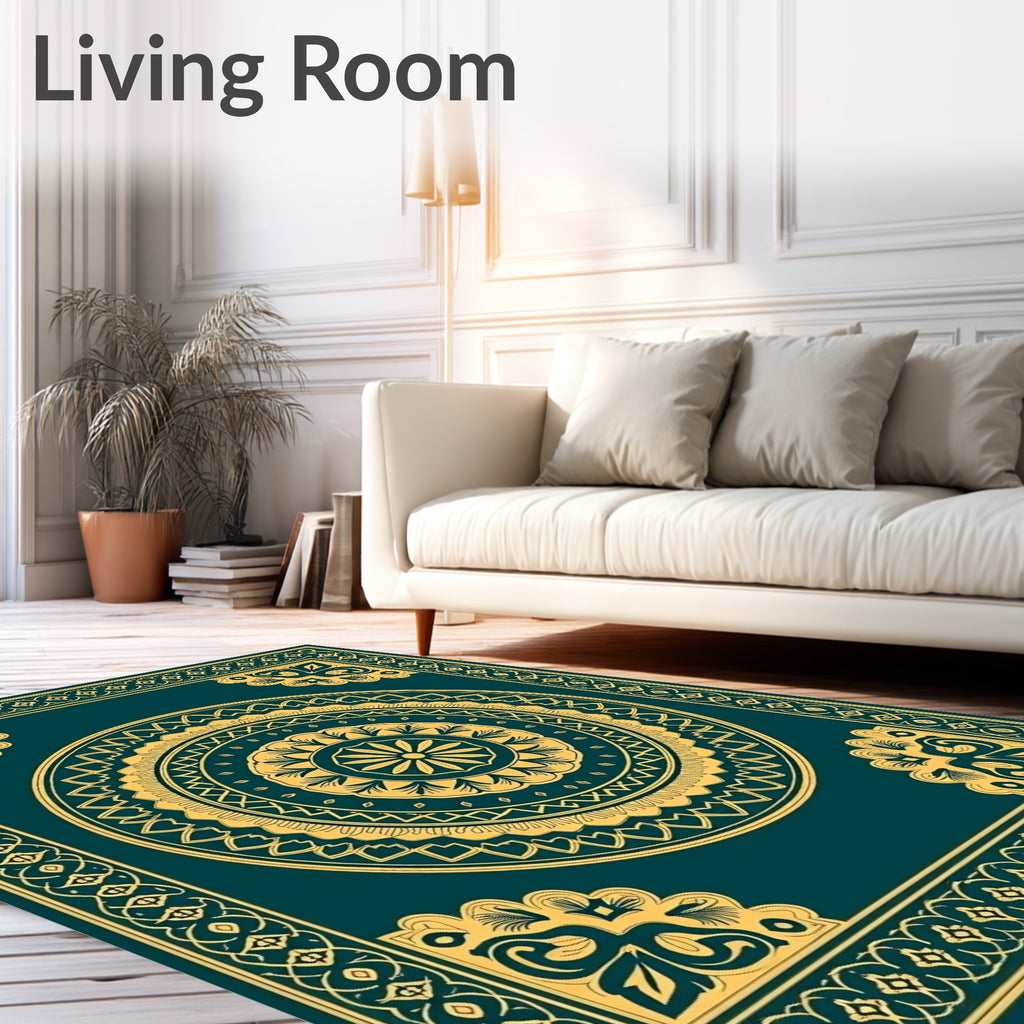 Golden Teal Mandala Ornamental Frame Rug