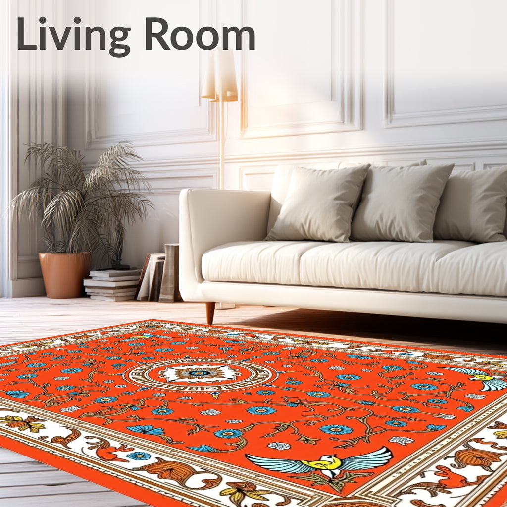 Vibrant Orange Bird Floral Medallion Rug