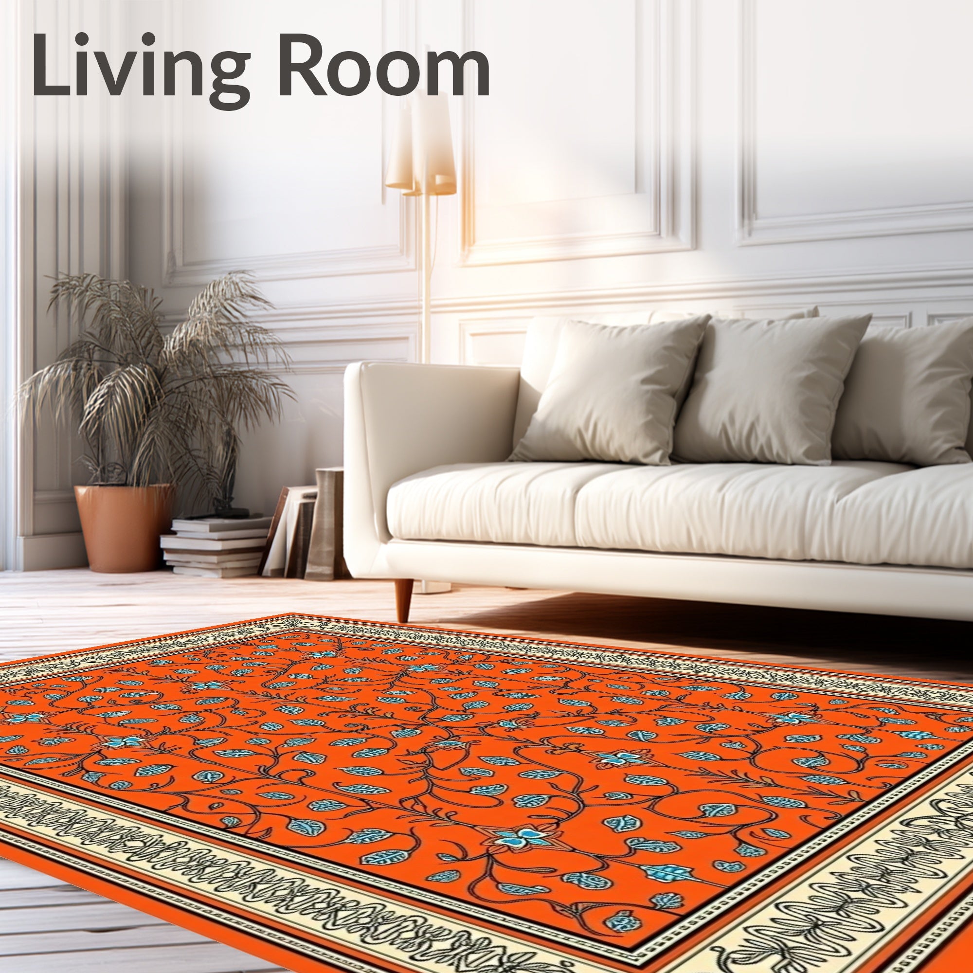 Vibrant Orange Floral Vine Border Rug