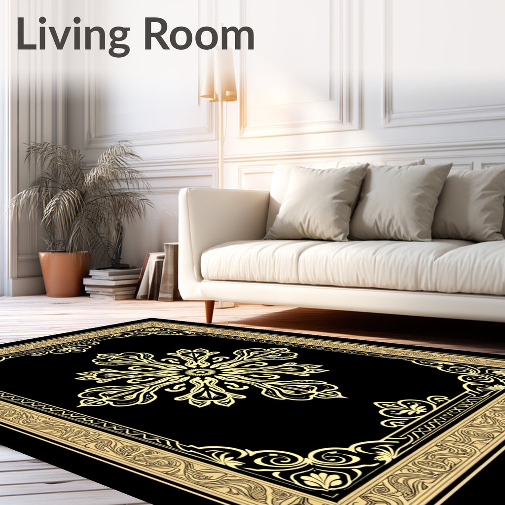 Exquisite Black Gold Floral Medallion Rug