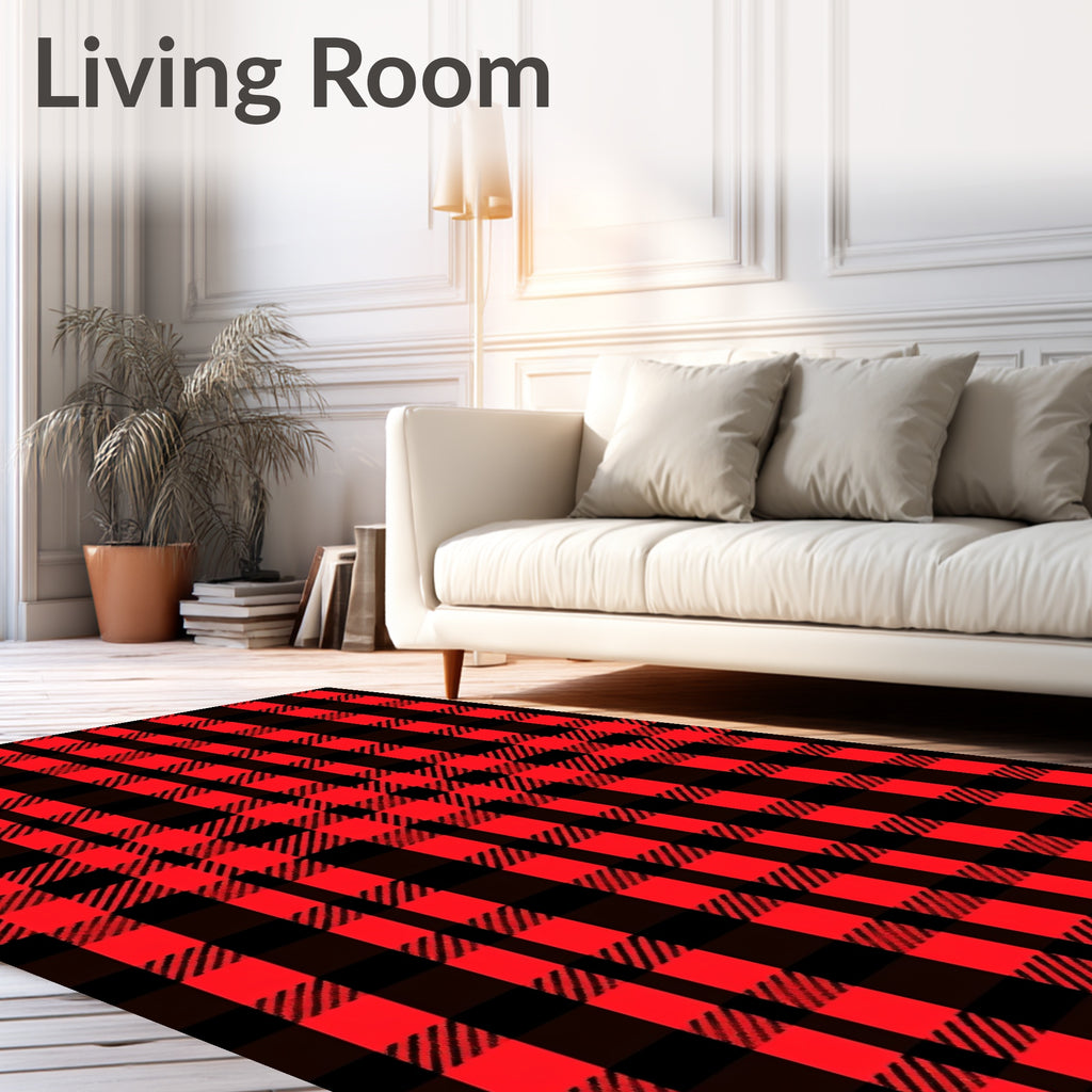 Bold Red Black Plaid Check Area Rug