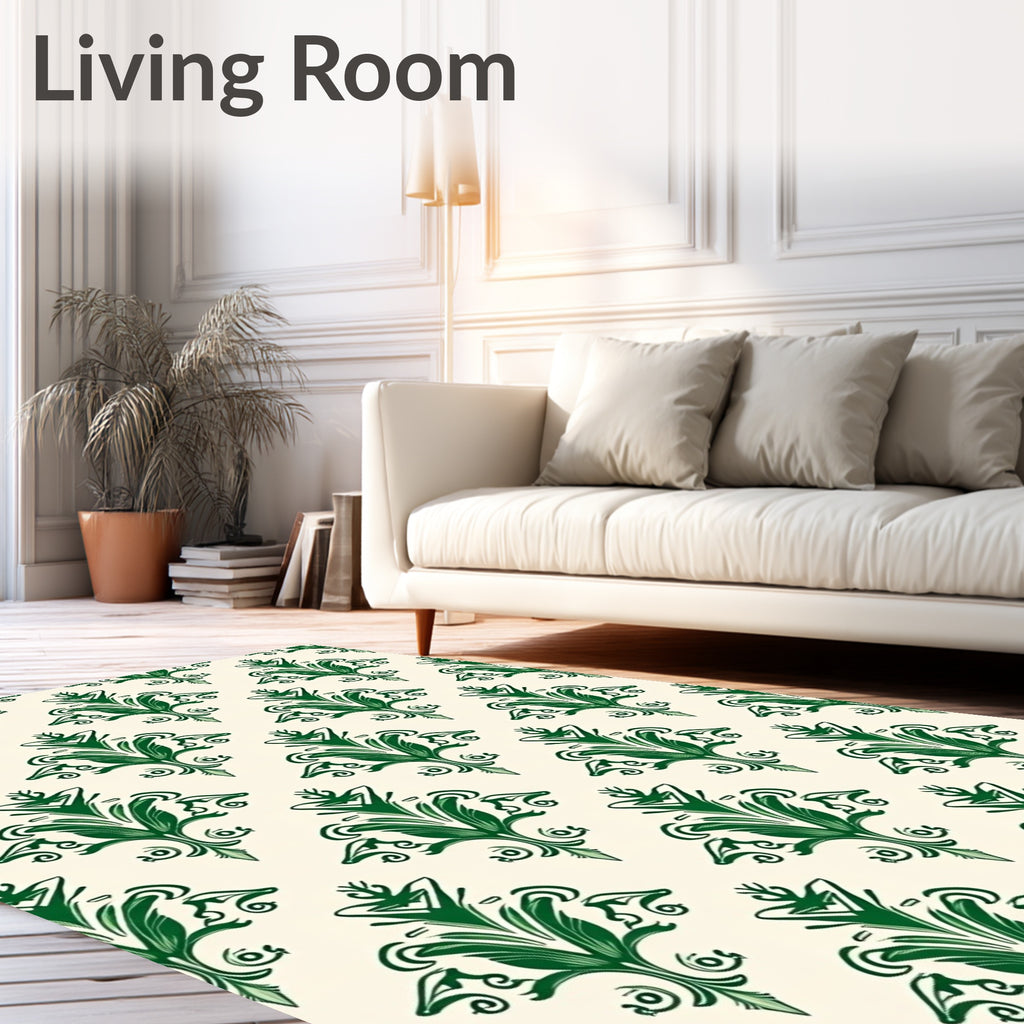 Green Floral Scroll Damask Rug