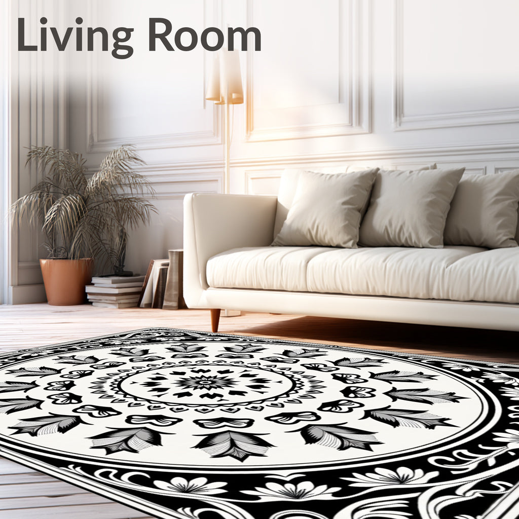 Intricate Black White Floral Medallion Rug