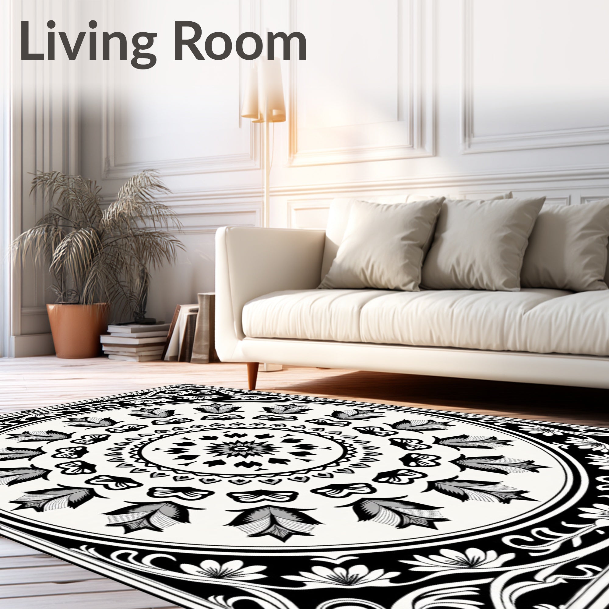 Intricate Black White Floral Medallion Rug