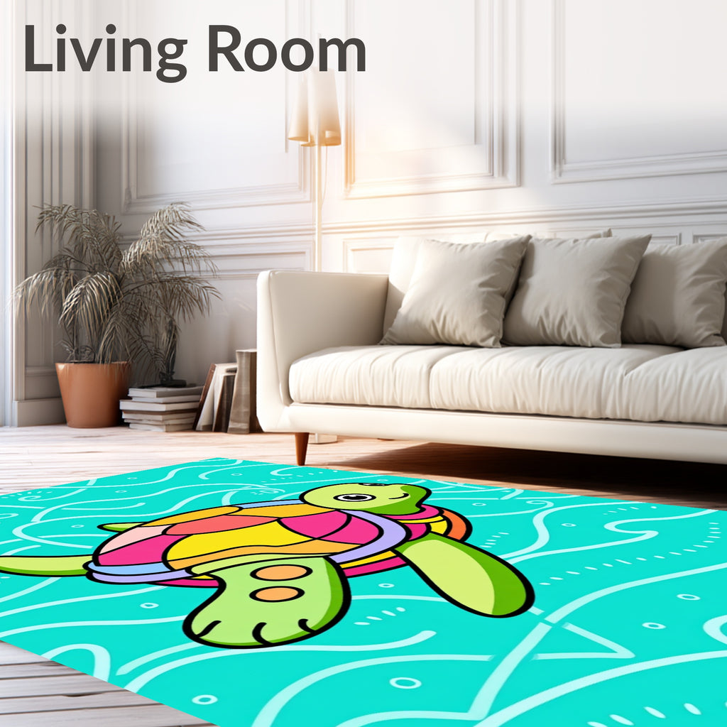 Happy Colorful Turtle Ocean Waves Rug
