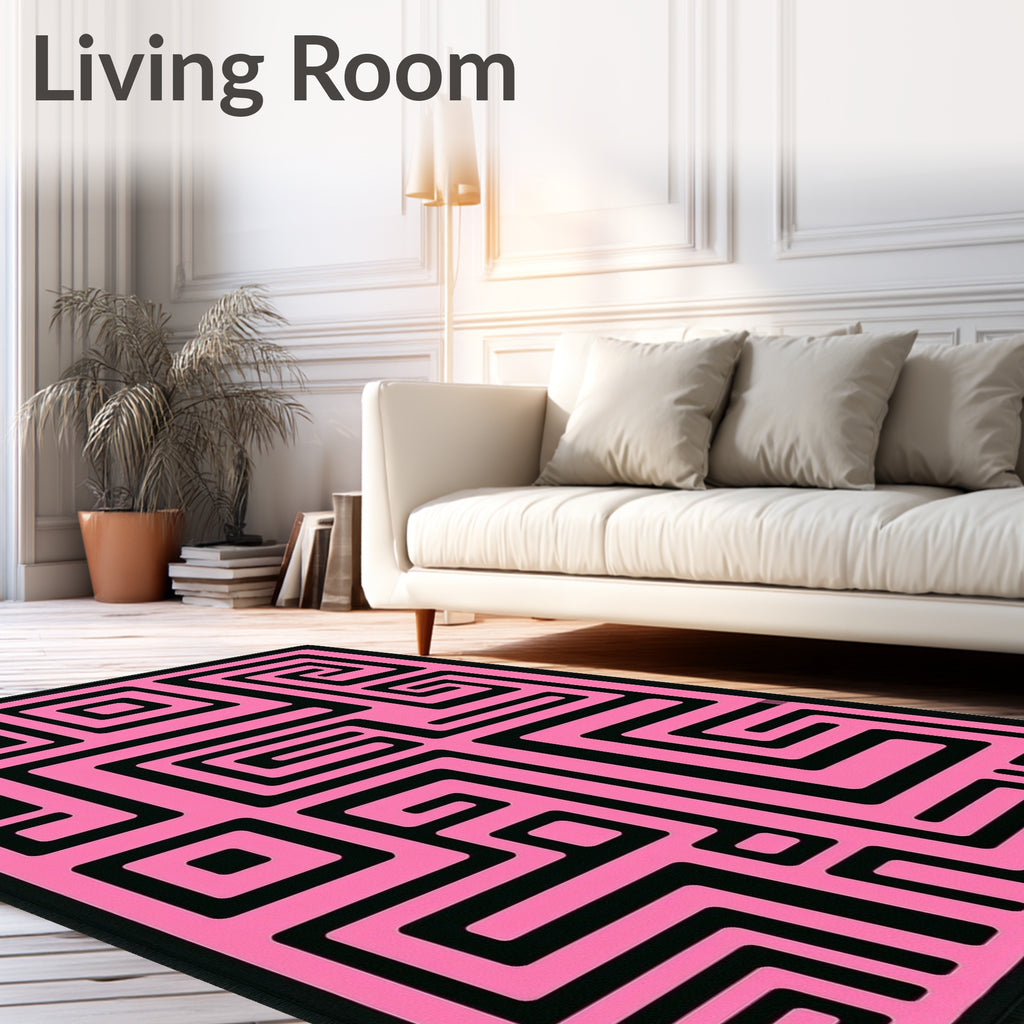 Pink Black Maze Geometric Design Rug