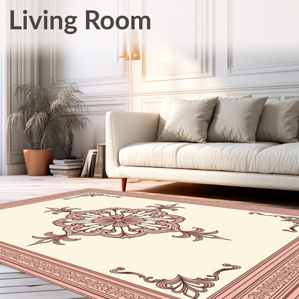 Ornate Pink Floral Medallion Border Rug