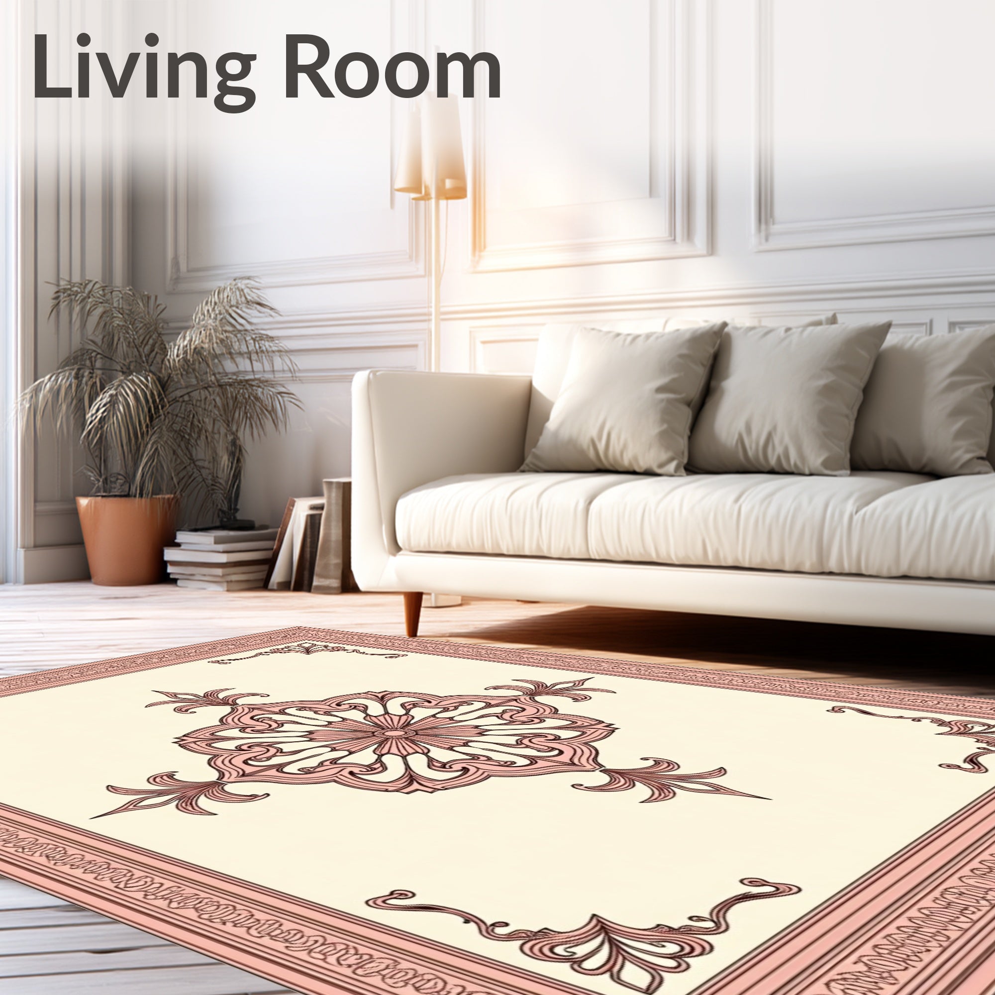 Ornate Pink Floral Medallion Border Rug