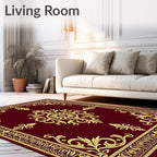 Dark Red Gold Ornate Scroll Medallion Rug