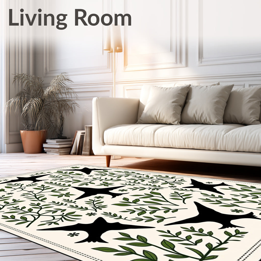 Black Bird Garden Foliage Cream Rug