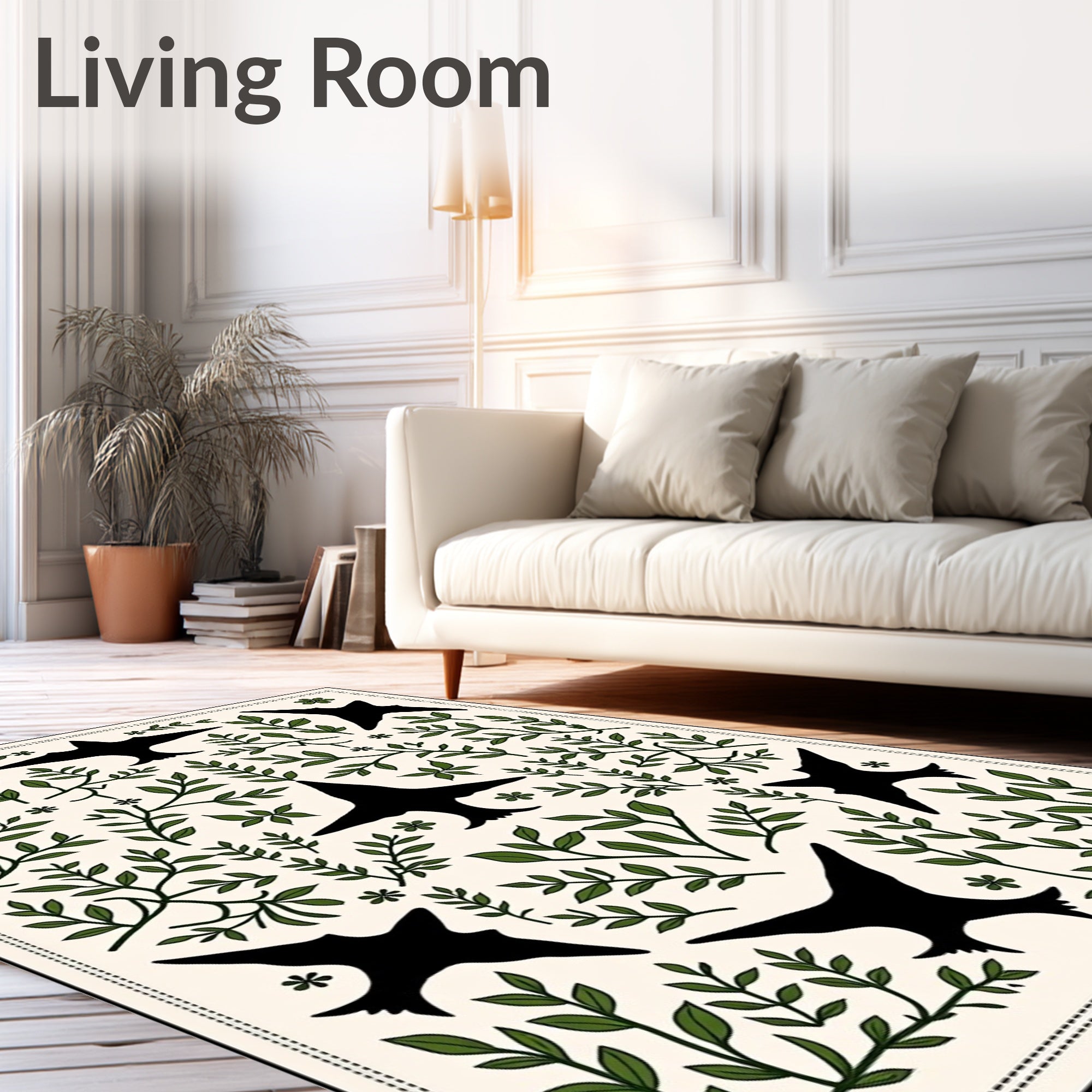 Black Bird Garden Foliage Cream Rug