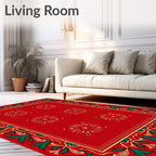 Crimson Red Floral Holly Border Rug