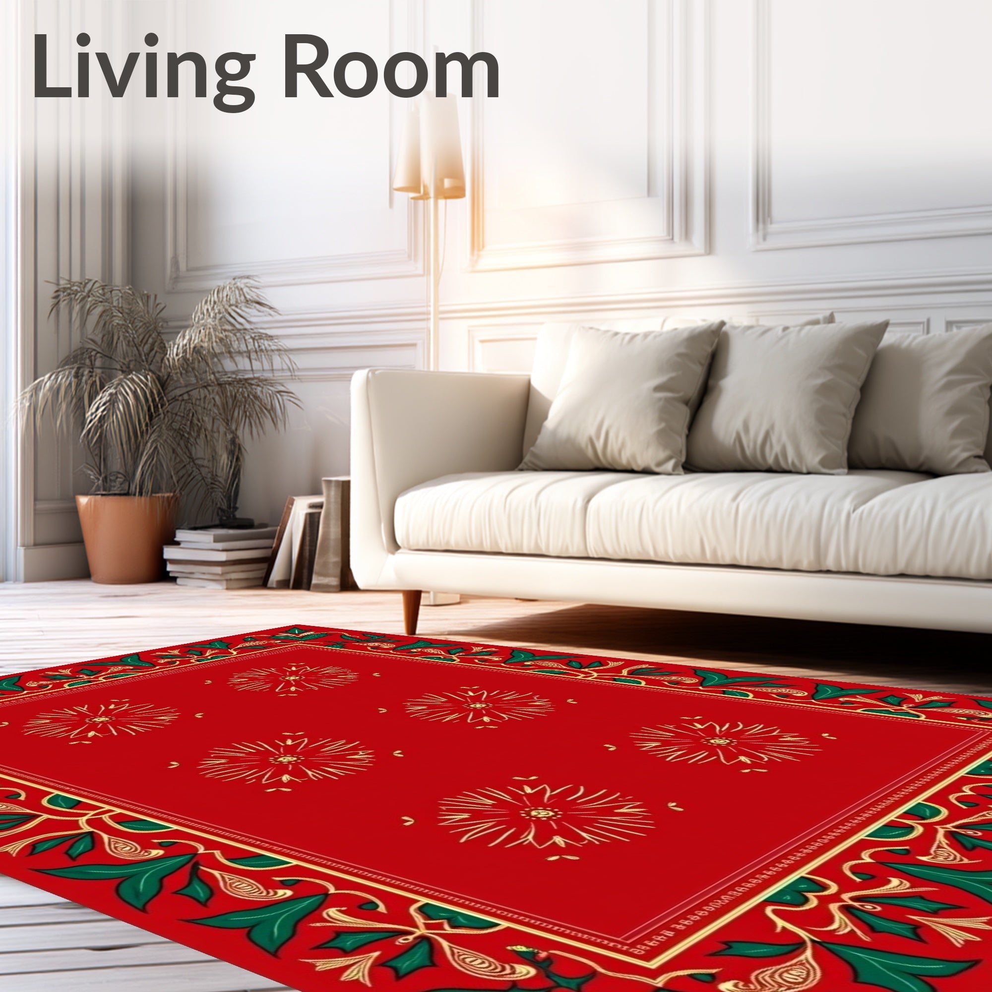 Crimson Red Floral Holly Border Rug