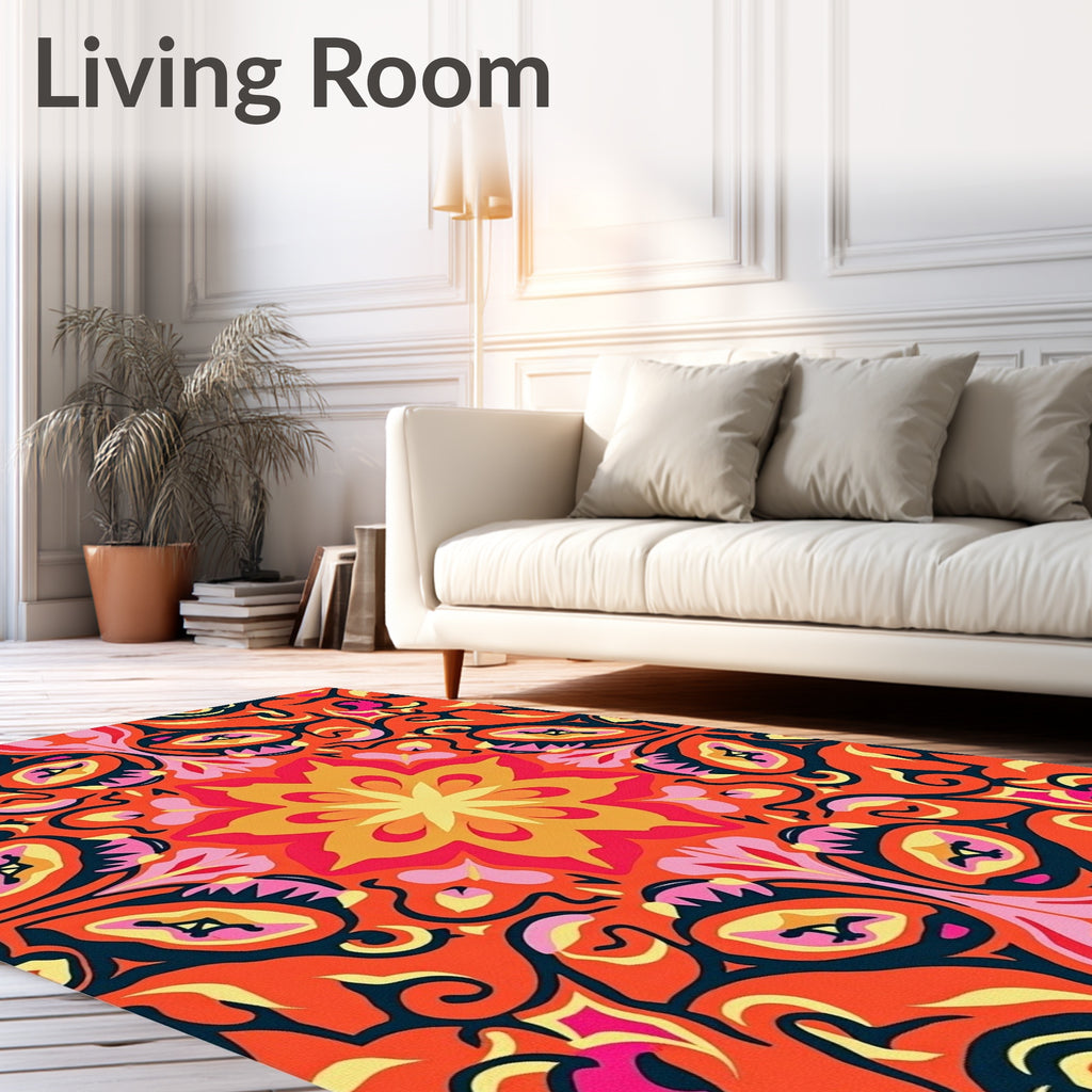 Vibrant Orange Floral Medallion Mandala Rug