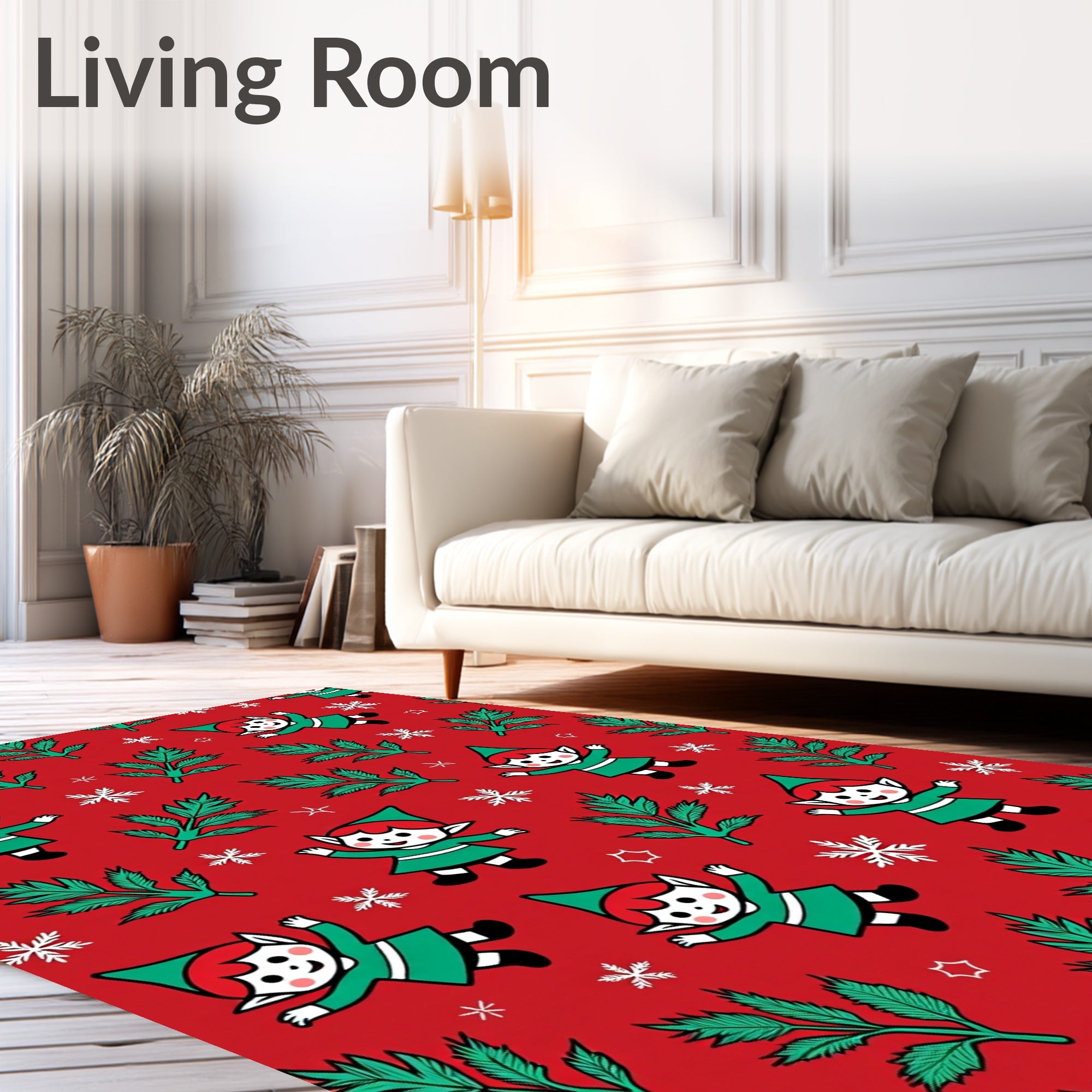 Christmas Elves Green Pine Snowflakes Red Rug