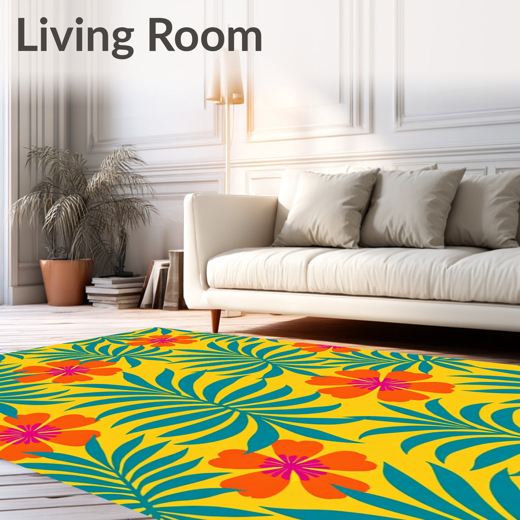 Vibrant Orange Floral Teal Palm Rug