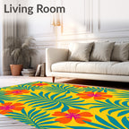 Vibrant Orange Floral Teal Palm Rug
