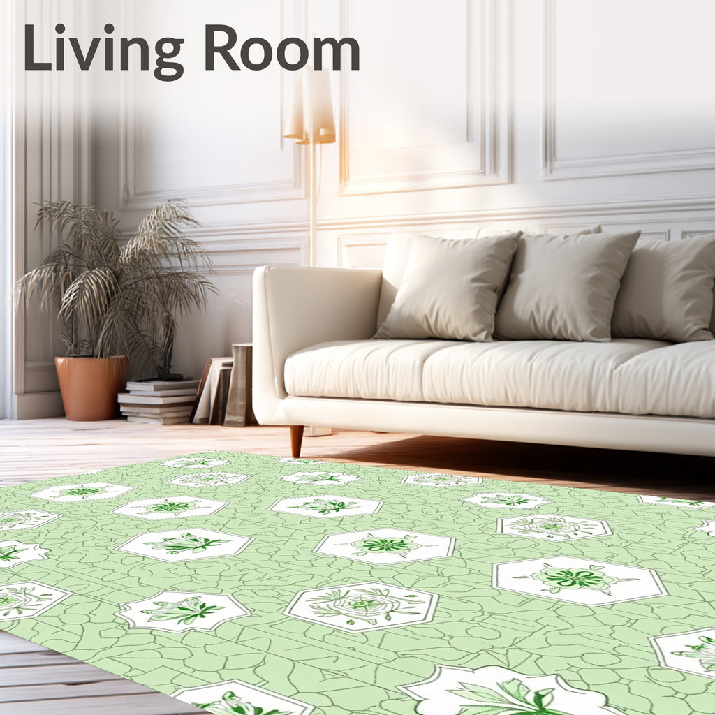 Pale Green Floral Hexagon Arrangement Rug
