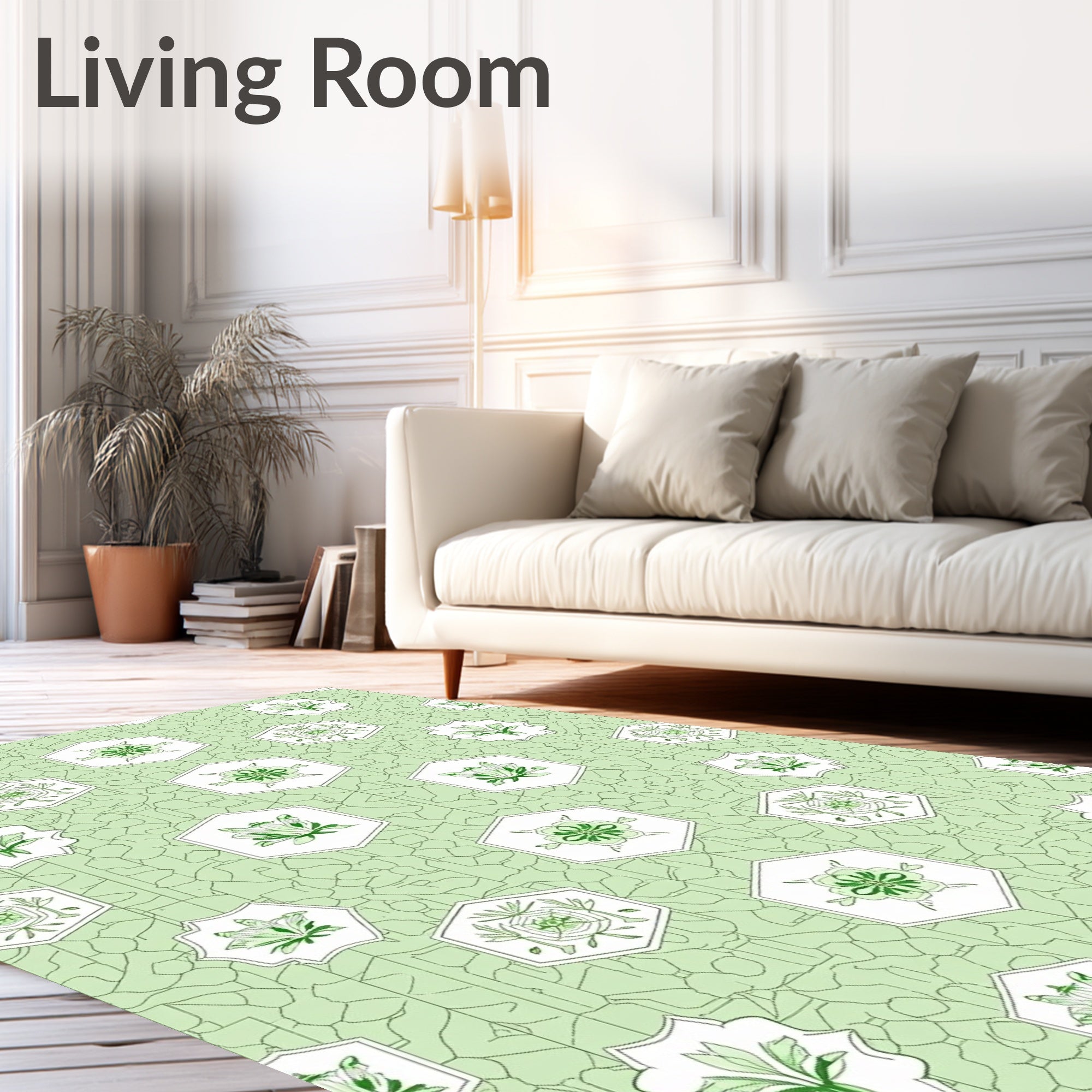 Pale Green Floral Hexagon Arrangement Rug
