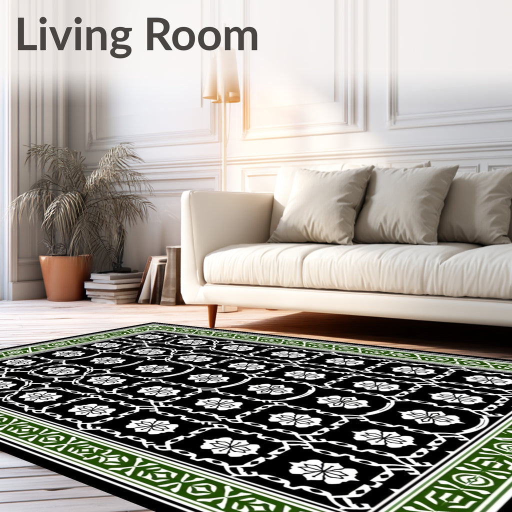 Black White Green Floral Lattice Border Rug