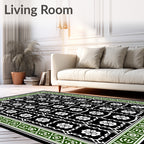 Black White Green Floral Lattice Border Rug