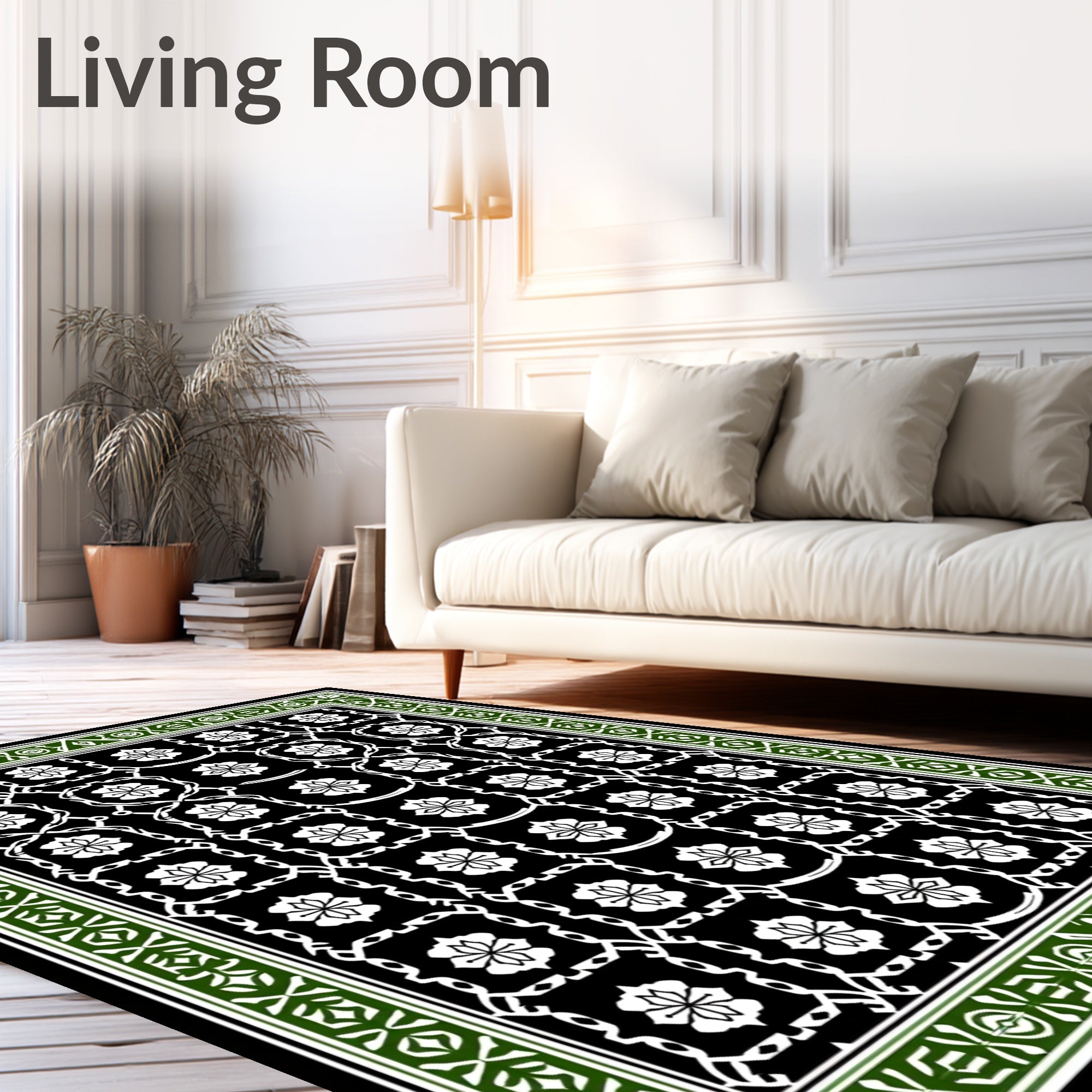 Black White Green Floral Lattice Border Rug
