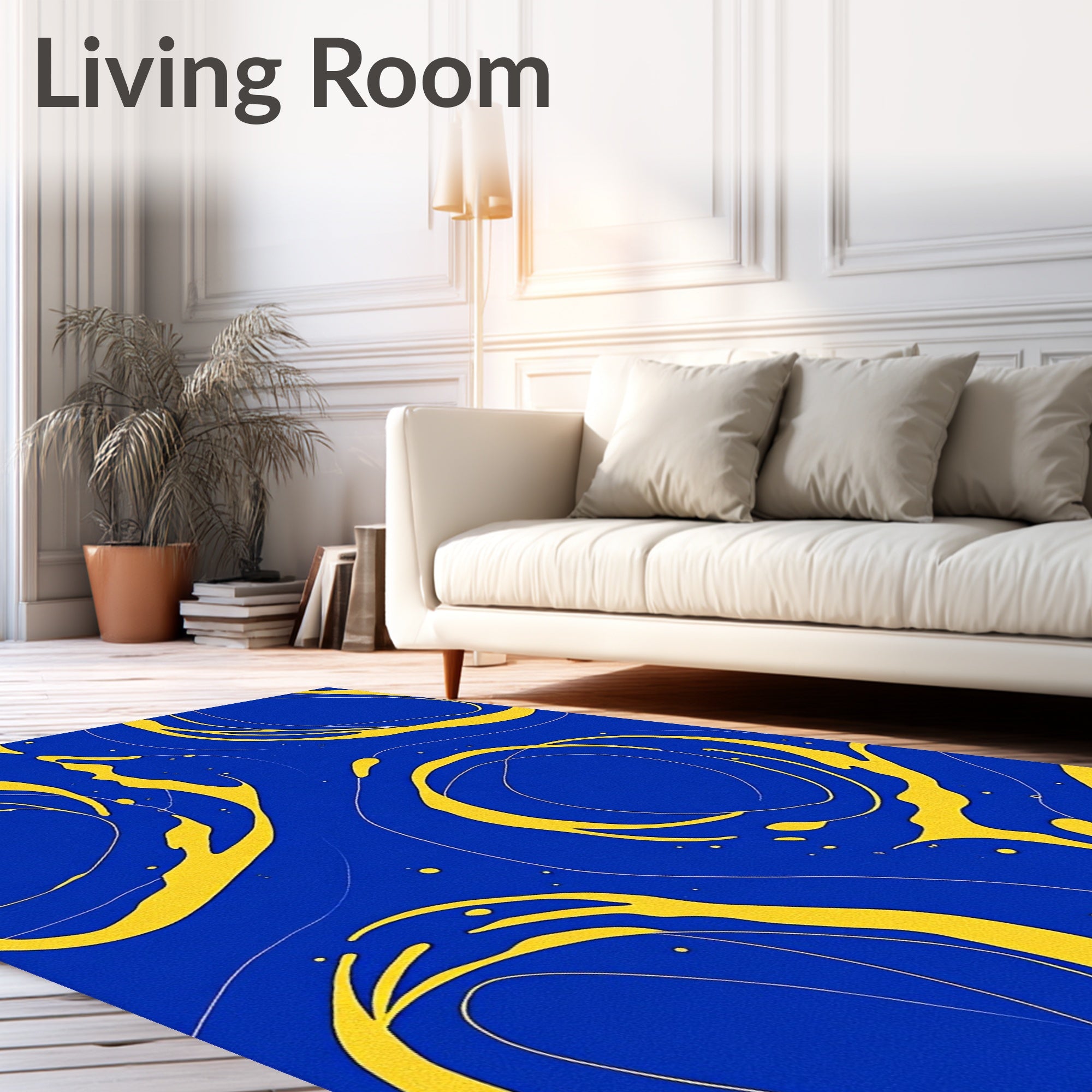 Abstract Yellow Swirl Blue Rug