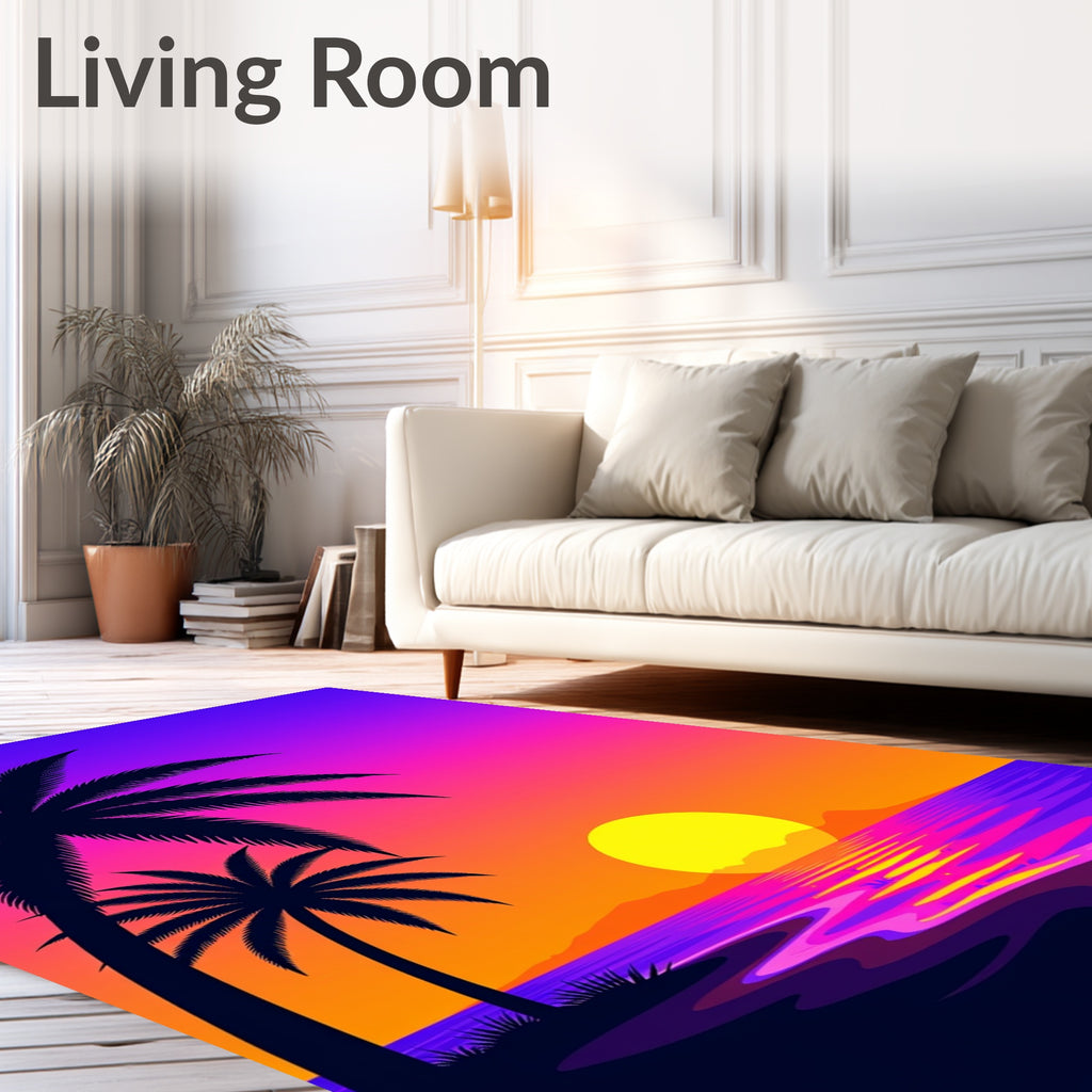 Tropical Sunset Palm Trees Ocean Waves Rug