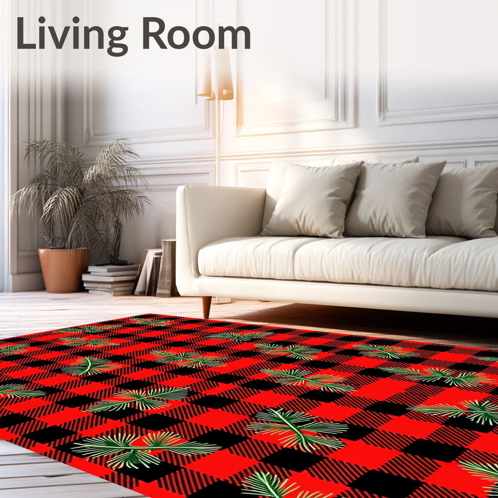 Red Black Buffalo Plaid Pine Sprigs Rug