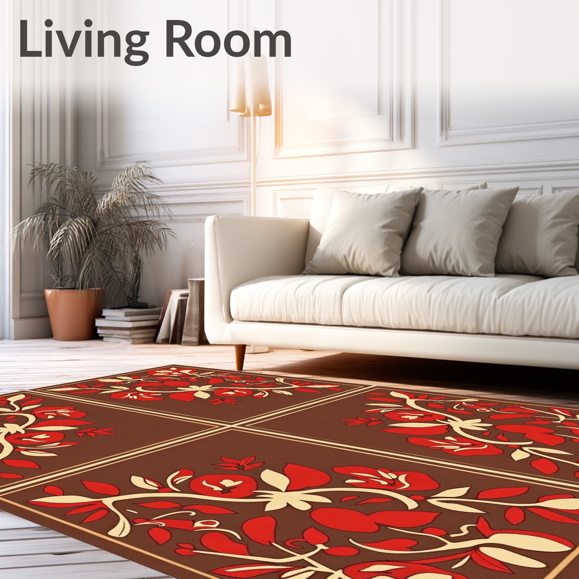 Brown Red Floral Vine Corner Arrangement Rug