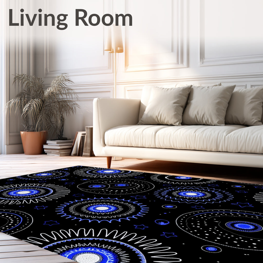 Starry Blue Sunburst Mandala Rug