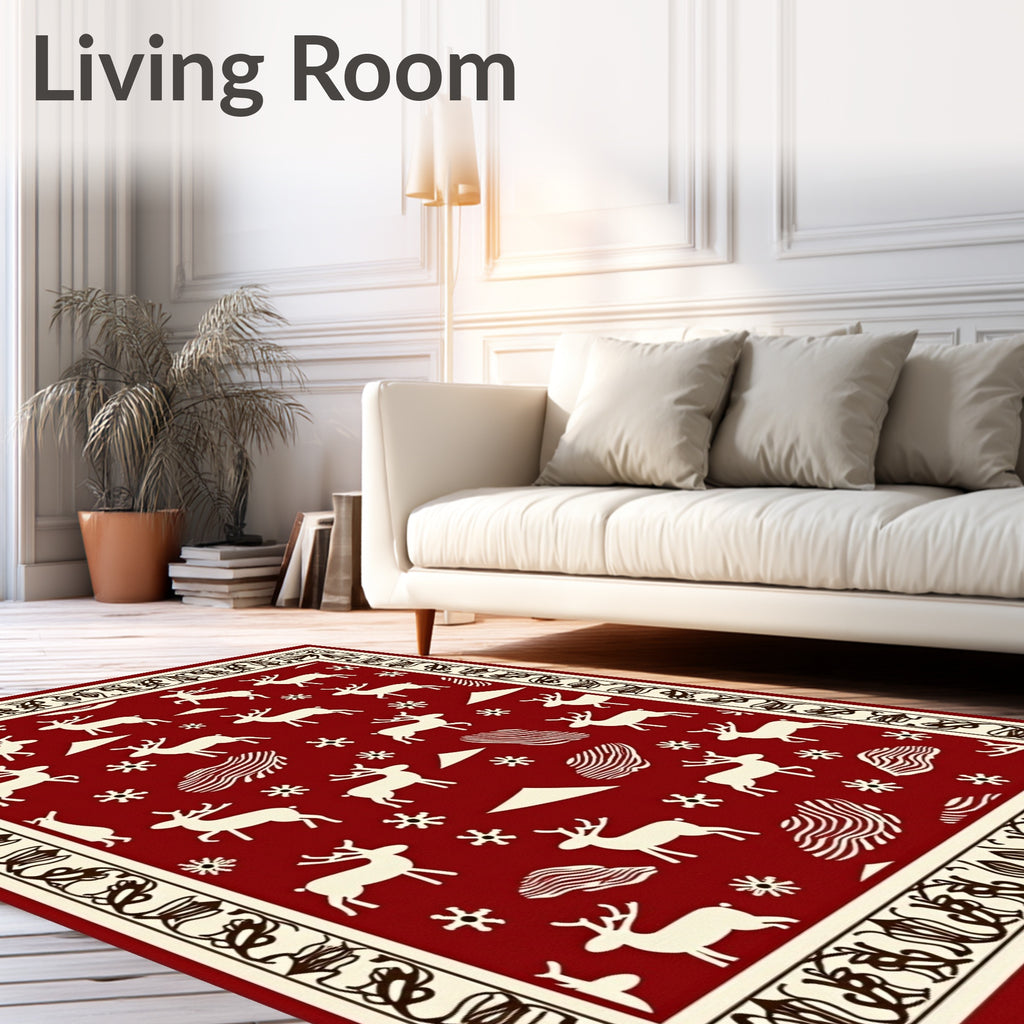 Red Reindeer Snowflake Border Textile Rug