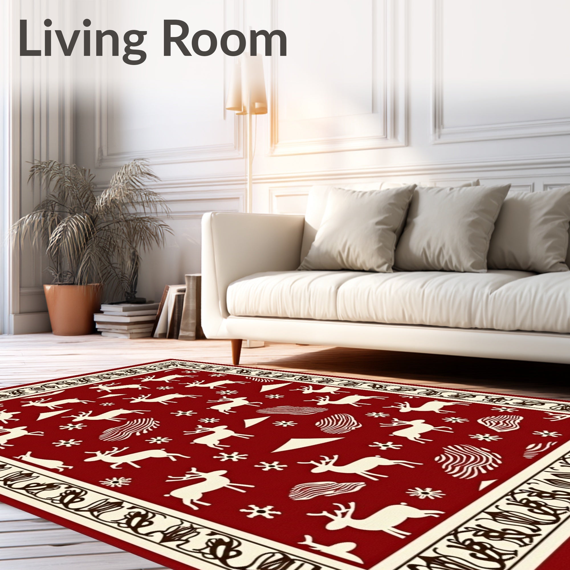 Red Reindeer Snowflake Border Textile Rug