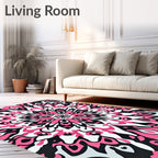 Vibrant Pink Black Abstract Mandala Rug