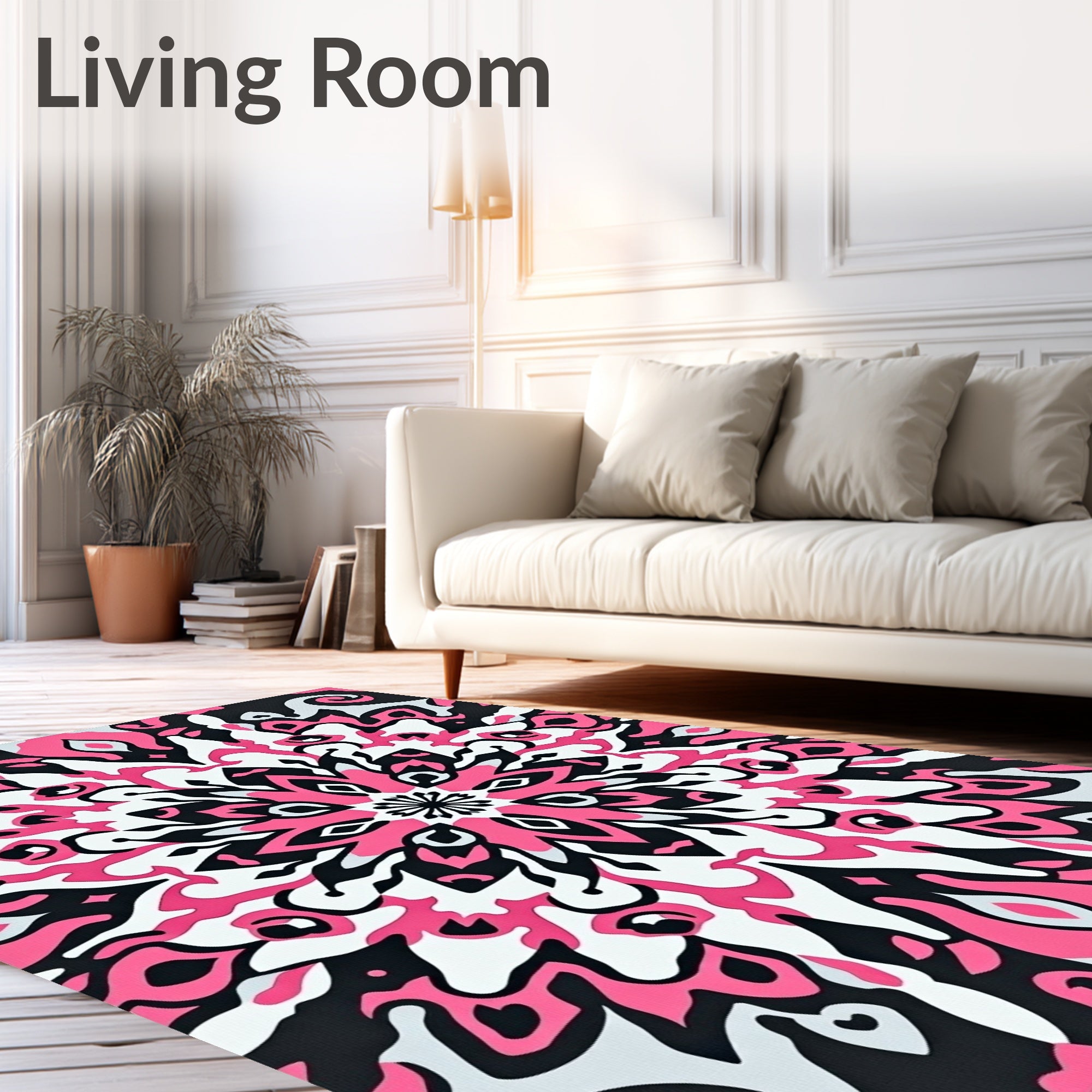 Vibrant Pink Black Abstract Mandala Rug