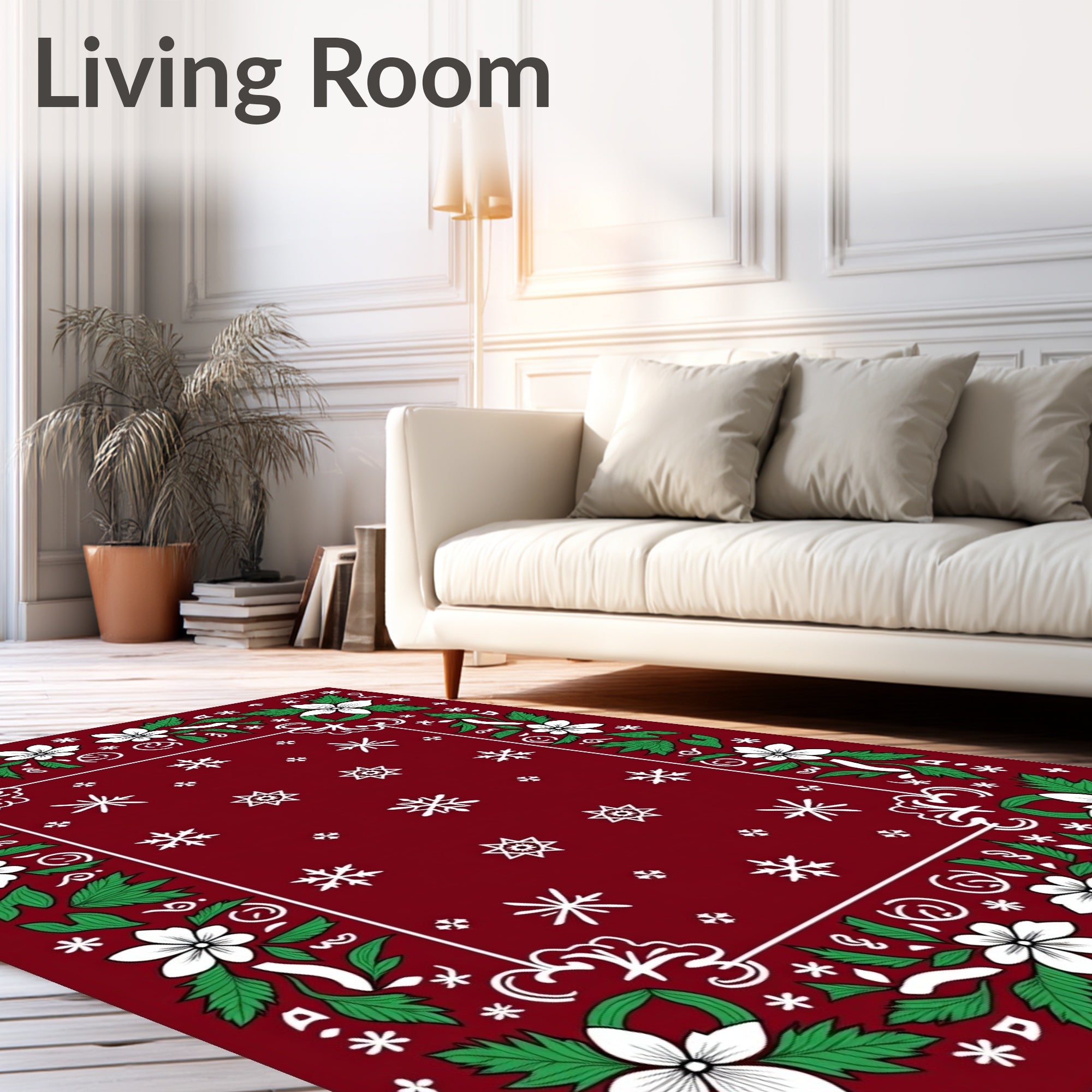 Crimson Floral Snowflakes Border Rug