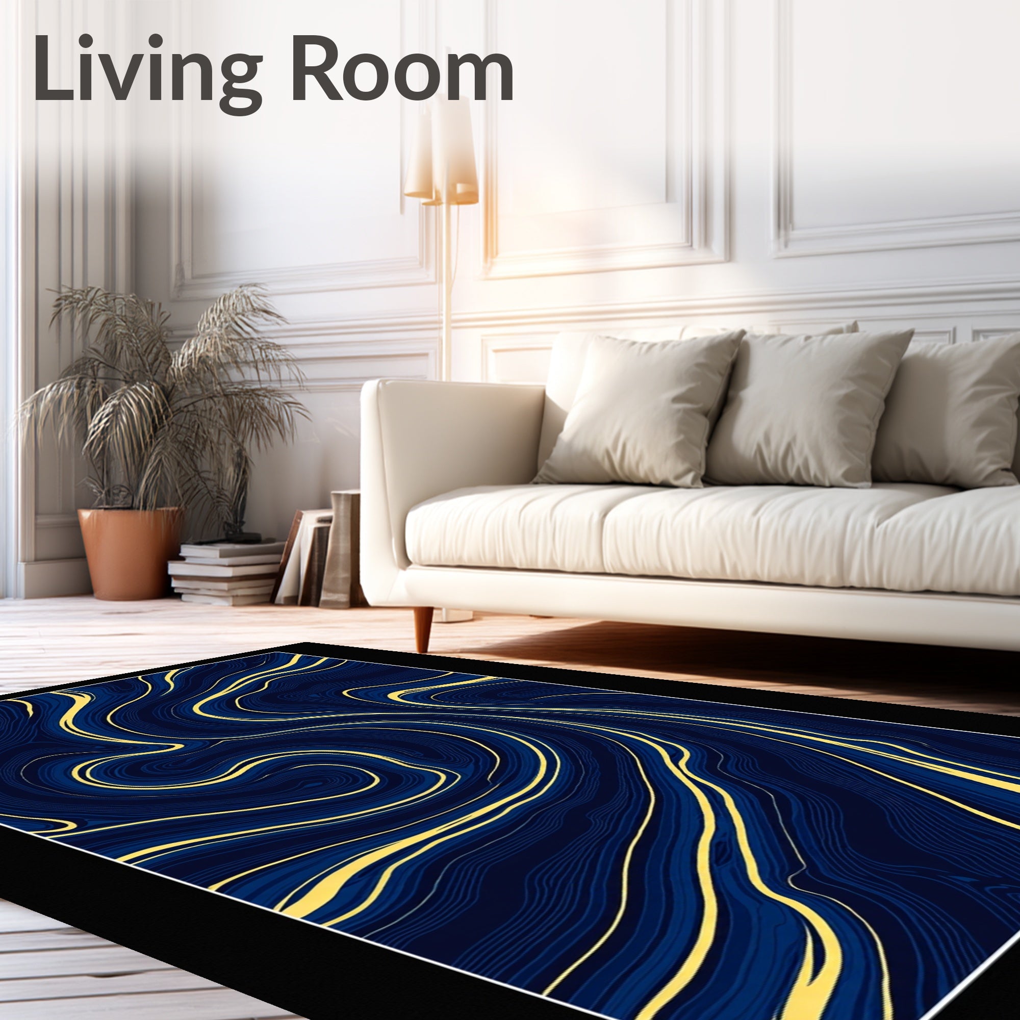 Deep Blue Golden Swirl Abstract Rug