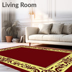 Ornate Gold Floral Border Red Rug