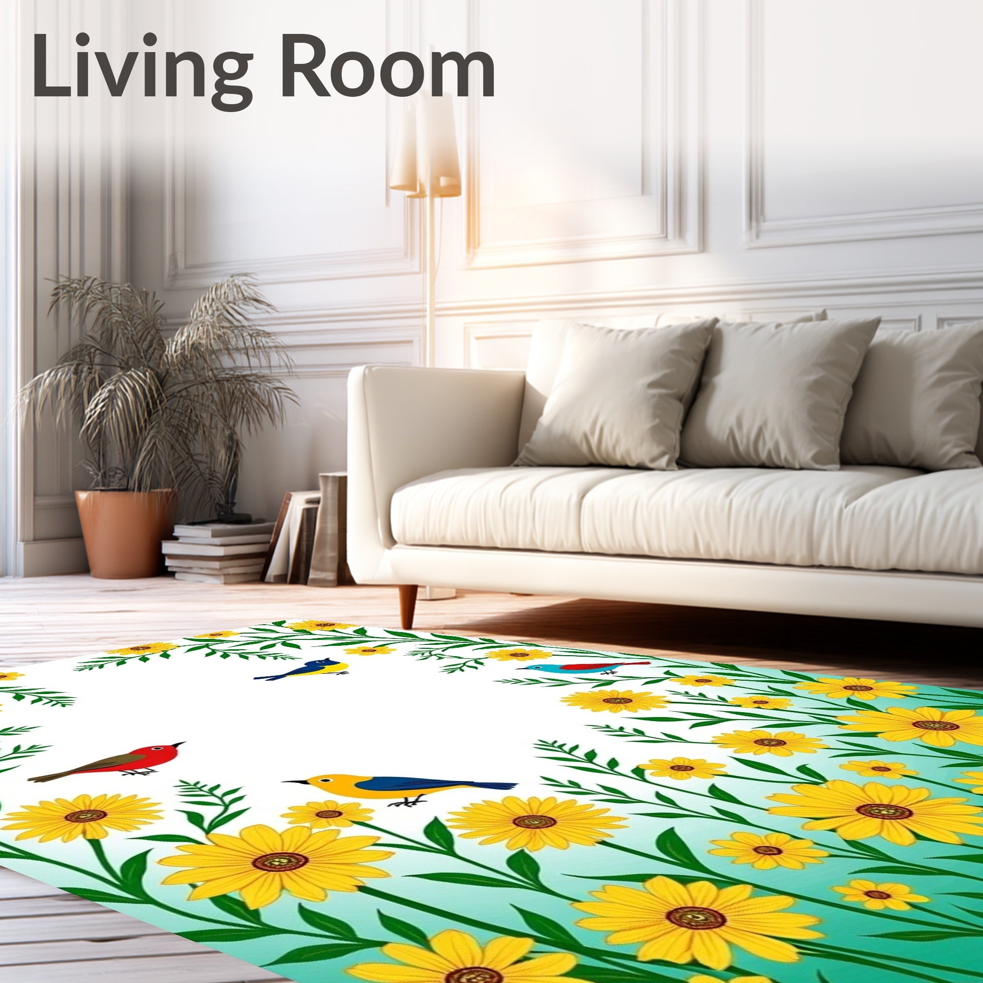 Yellow Sunflower Garden Birds Border Rug