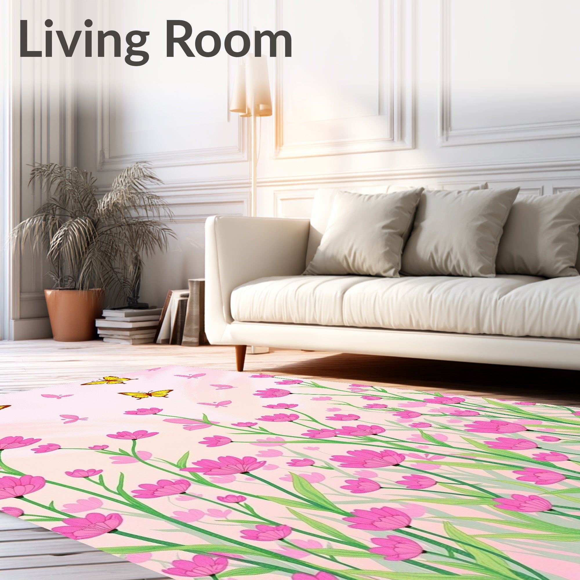 Pink Flowers Yellow Butterflies Garden Rug
